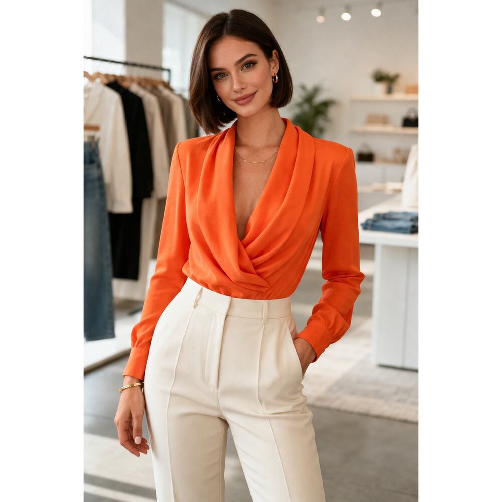 FSL Apparel Orange Draped Bodysuit Top L Long Sleeve Cowl Neck